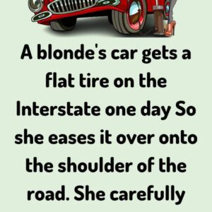 A blonde car gets a flat tire