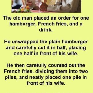 An old man placed an order for one hamburger, French fries, and a drink.