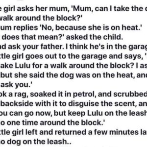 A little girl asks her mum, “Mum, can I take the dog for a walk around the block?